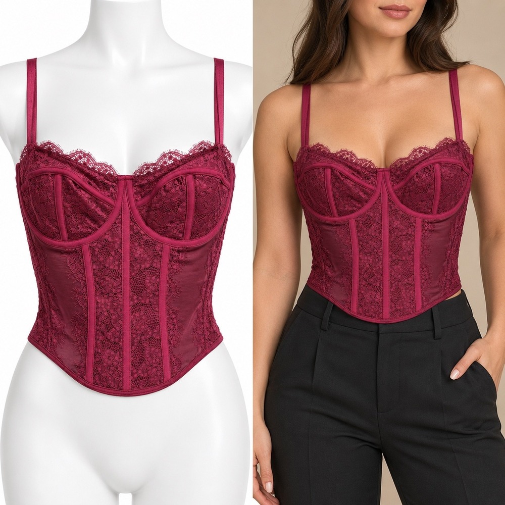 Dealmore Corset Top Women Medium Burgundy Red Lace Underwire Bustier Boning